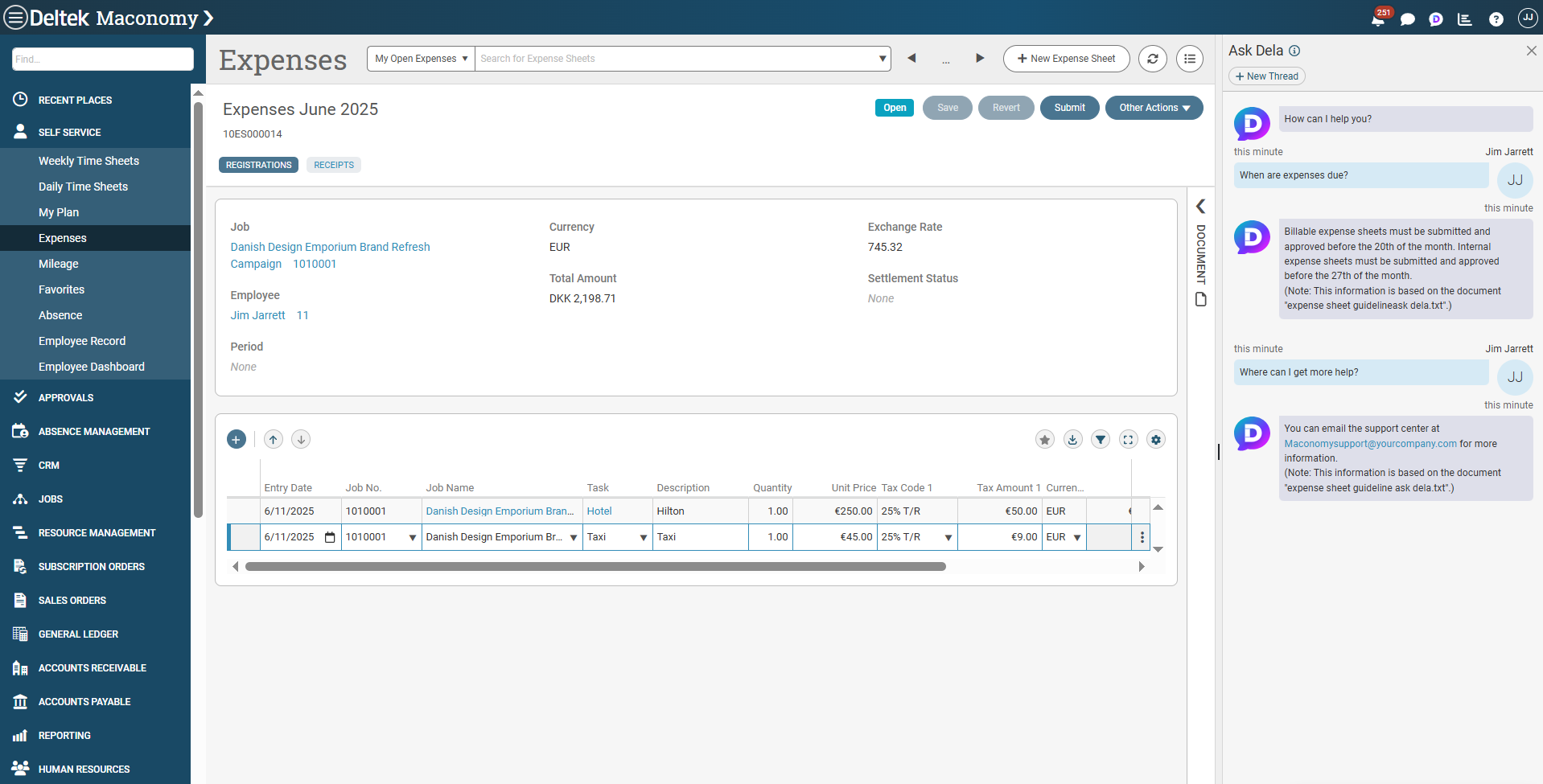 Ask Dela Document Search interface for uploading and searching Maconomy documentation