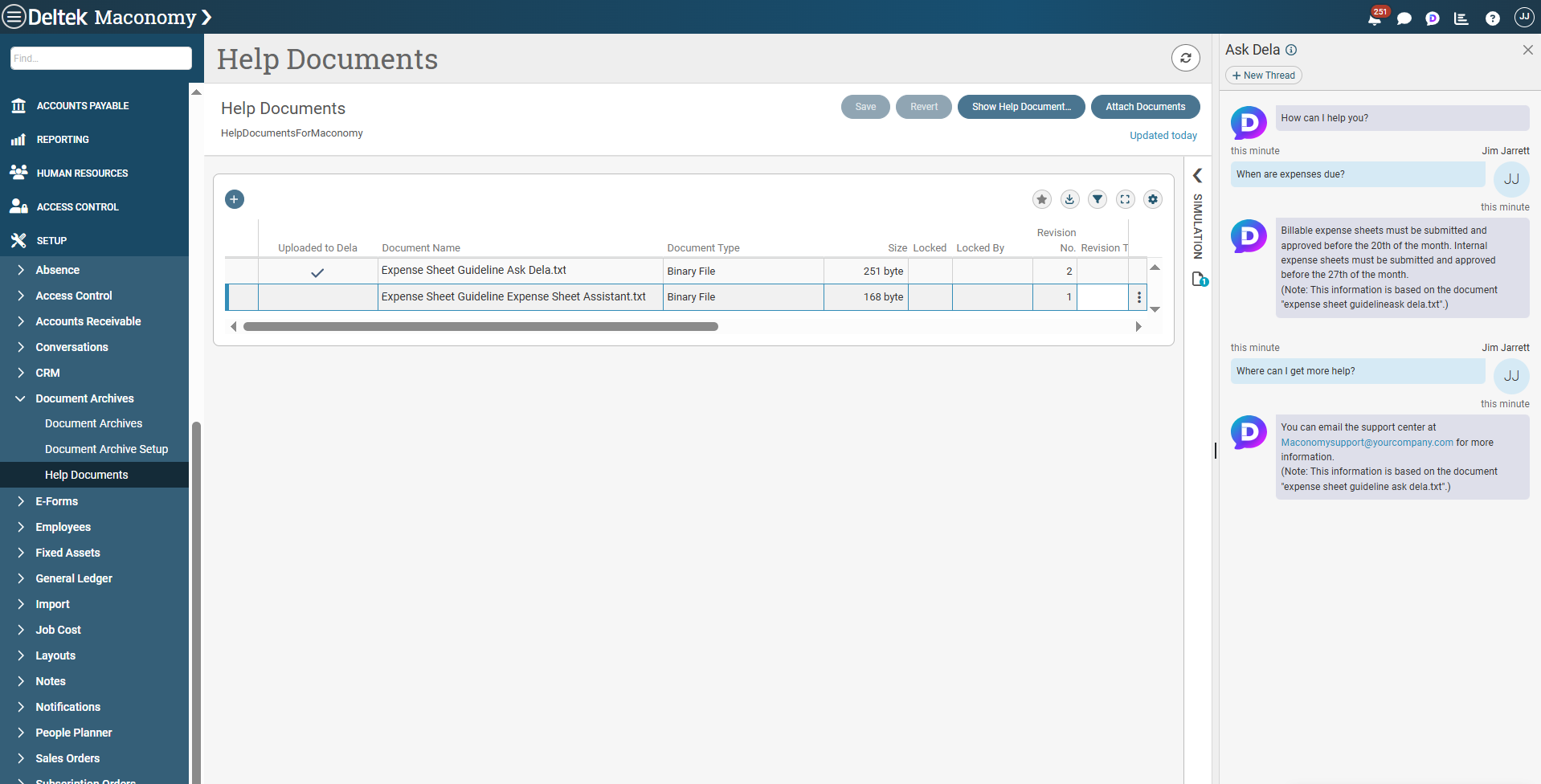 Ask Dela Help Documents interface displaying searchable help content