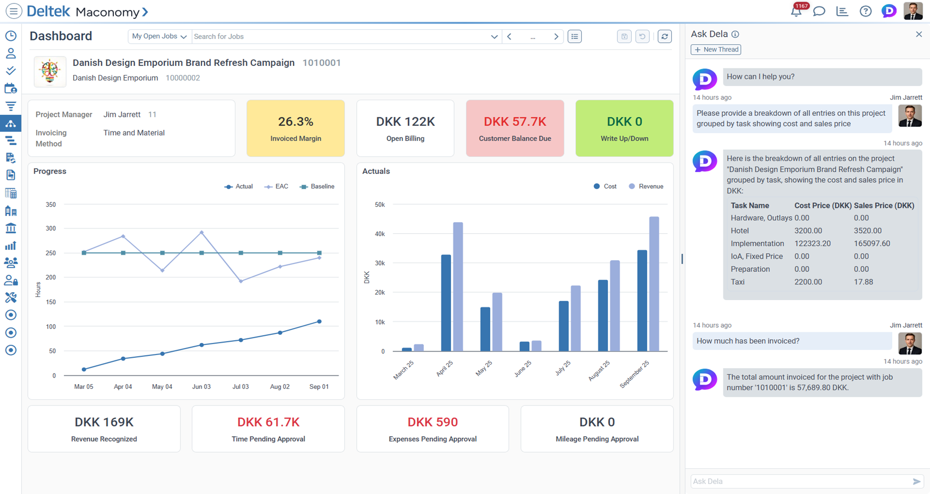 Ask Dela interface showing natural language Q&A capabilities for customer and project inquiries