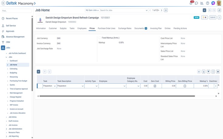 Price List interface showing zero cost price configuration for unpaid overtime and absence scenarios